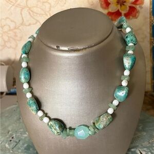 Turquoise Chunk and Sea Glass Beaded Sterling Silver Handmade Necklace